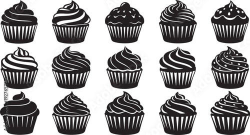 Black and white illustration of assorted cupcake designs