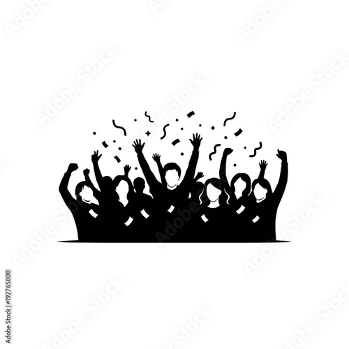 Excited crowd celebrating with confetti falling around them.