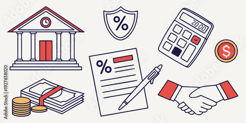 Assorted documents and a house illustration representing real estate and property management. Vector