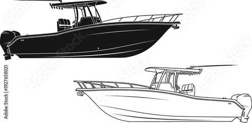 Detailed illustration of a center console boat from two perspectives on transparent background a striking silhouette high quality professional detailed modern