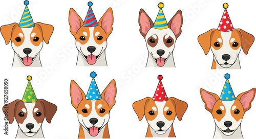 Cute cartoon puppy faces with festive birthday hats
