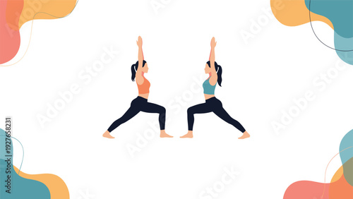 Two young women practicing yoga together in warrior pose as part of healthy lifestyle and fitness wellness routine at home.
