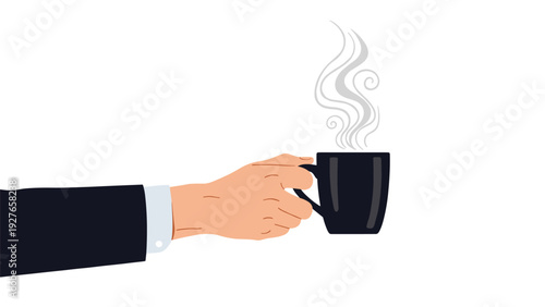 Businessman hand holding black ceramic mug with hot steaming coffee or tea isolated on white background for break time.