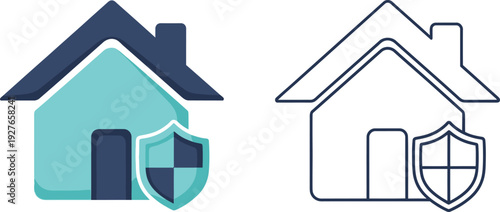 Two house icons one colored and one outlined with shield emblems ideal for design projects on transparent background silhouette high quality