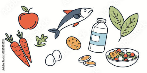 A colorful assortment of fruits, vegetables, and dairy products on a white background Vector