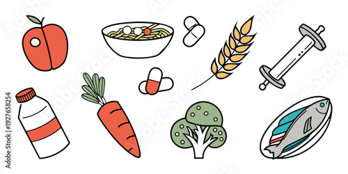 Assorted food items and kitchen utensils displayed in a colorful illustration Vector