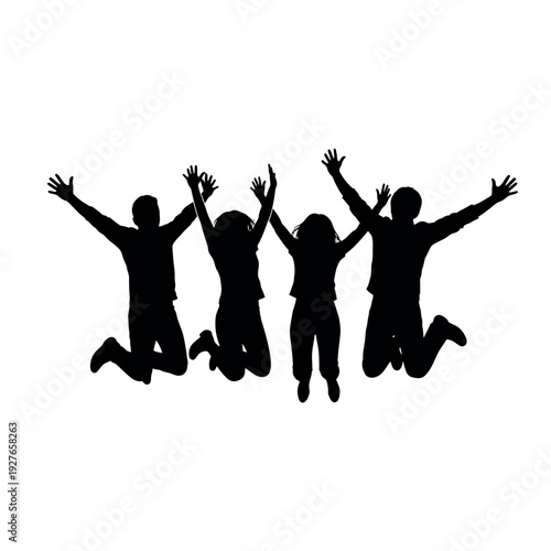 Happy group of friends jumping with joy.