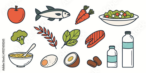 Assorted fresh seafood and vegetables displayed on a white background Vector