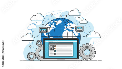 Global networking and internet technology concept featuring laptop computer, world map globe, clouds, and mechanical gear wheels.