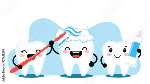 Three happy cartoon teeth characters promoting dental hygiene with a red toothbrush and blue toothpaste on a light background.