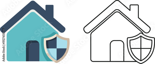 Two house icons one colored and one outlined with shields ideal for property or security concepts on transparent background silhouette