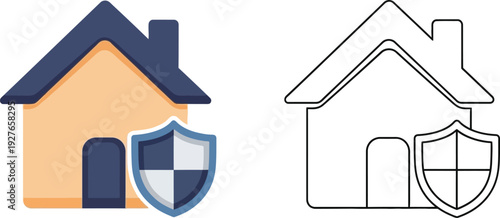 Two house icons one colored and one outlined with a shield presented on transparent background silhouette high quality professional detailed modern