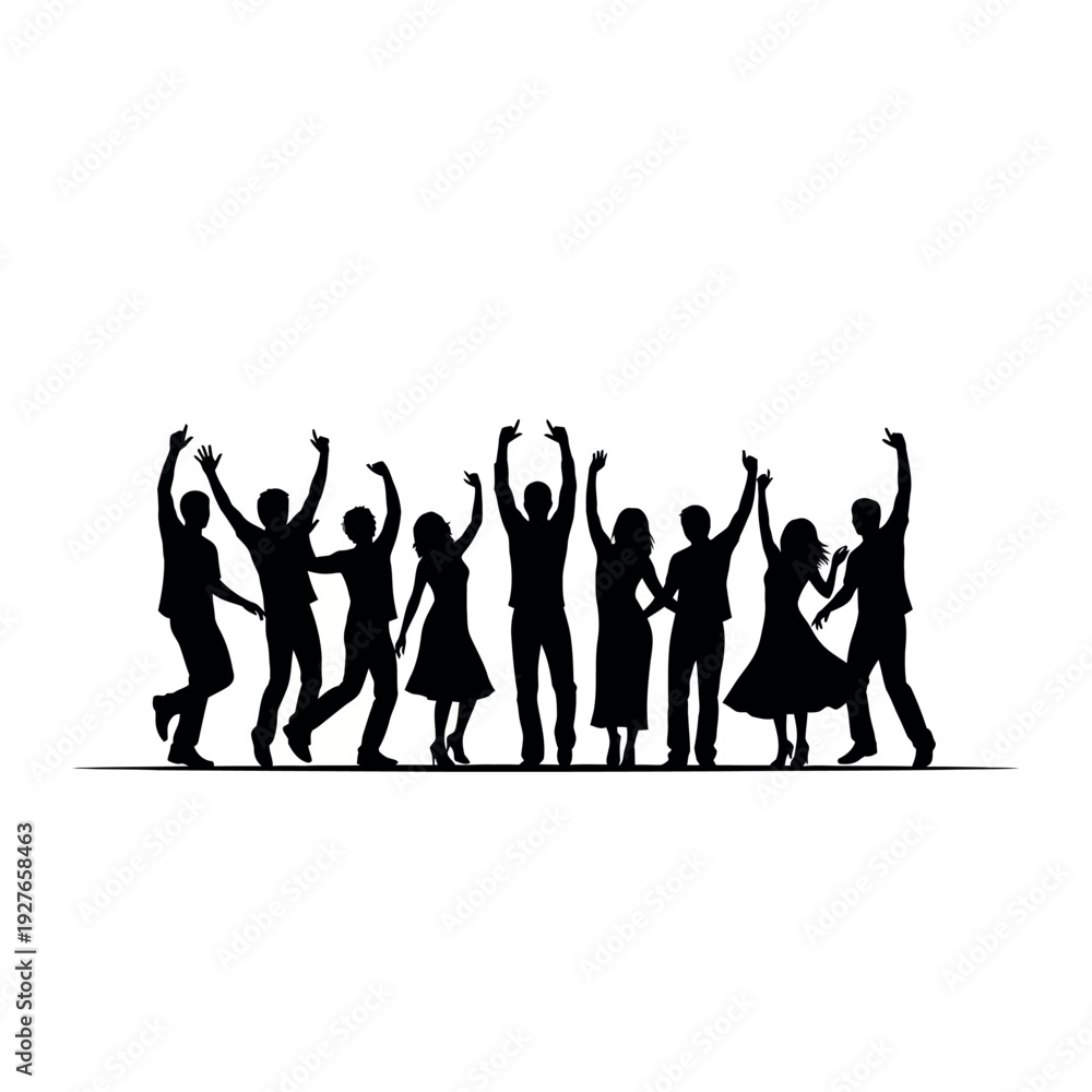 Fototapeta premium Silhouettes of diverse people celebrating with raised arms.