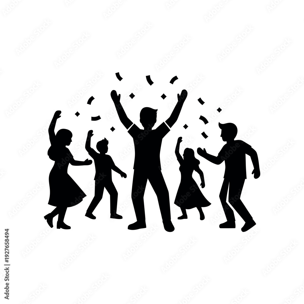Fototapeta premium Silhouettes of people celebrating with confetti falling around them.