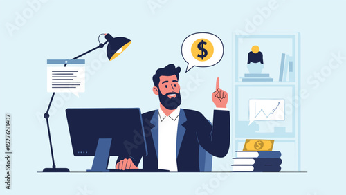 Man working at his office computer with a dollar sign thought bubble suggesting a successful business or financial idea.