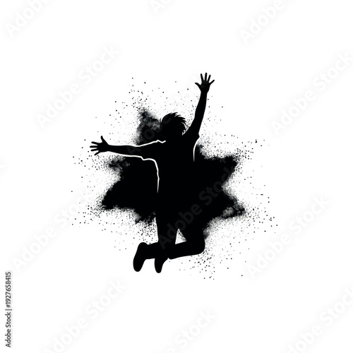 Silhouette of a person jumping with arms raised in an explosion of black paint.