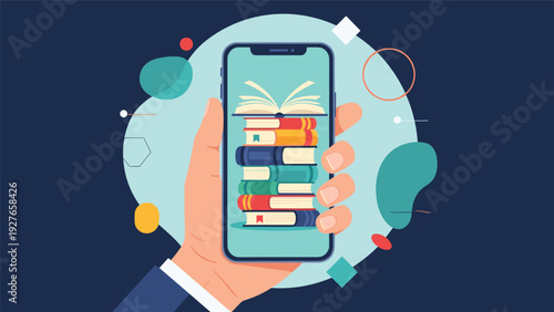 Person holding a smartphone displaying a stack of colorful books on the screen to represent digital reading and elibraries.