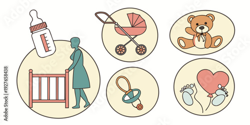 A delightful collection of baby items including a crib, bottle, toys, and a heart Vector
