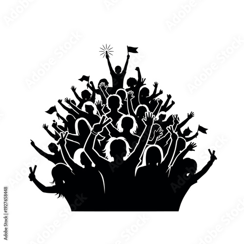 Silhouettes of a cheering crowd with raised hands.