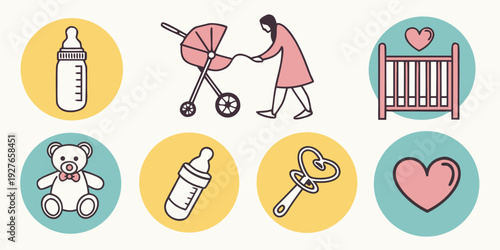 A colorful illustration of various baby-related icons and objects. Vector