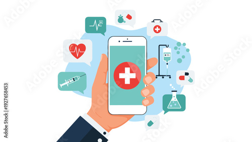 Hand holding a mobile phone with various medical icons representing healthcare services, telemedicine, and patient care.