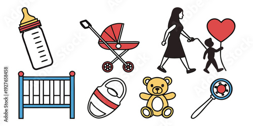 A delightful illustration of various baby items and a mother with her child Vector