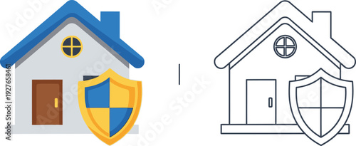 Two house icons one colored and one a line drawing both with shields on transparent background silhouette high quality professional detailed