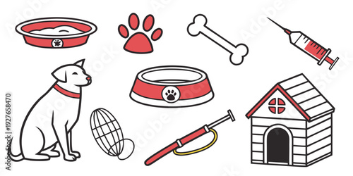 A variety of dog toys and accessories including a ball, frisbee, and chew bone. Vector