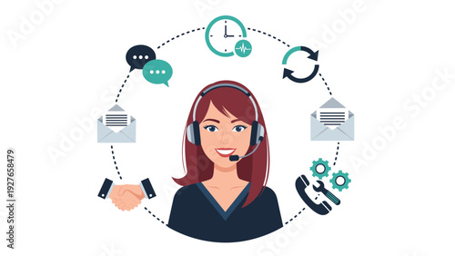 Friendly female customer support agent with a headset surrounded by service icons for communication and technical help.