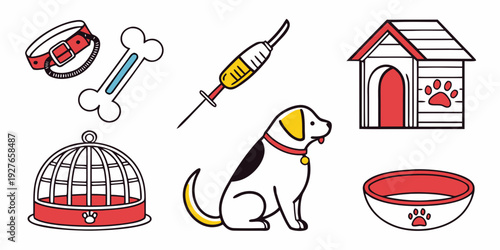 A collection of veterinary care items and a dog in a home setting Vector