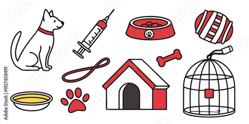 A variety of pet-related items including food, toys, and houses. Vector