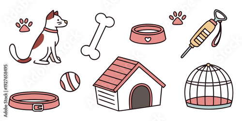 A delightful assortment of pet-themed icons featuring a dog, cat, and bird. Vector