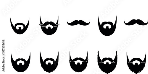 Collection of black facial hair silhouettes featuring various beard styles, mustaches, and goatees for men’s grooming, barber shop, and masculine fashion.