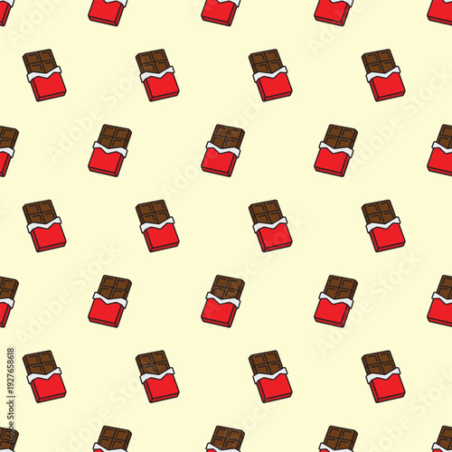 Vector seamless cute pattern with chocolate bars in red packaging on a yellow background