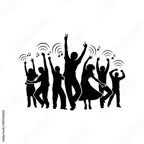 Silhouettes of people dancing at a party with music notes.