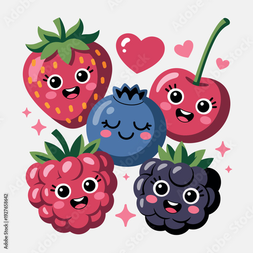 Cute kawaii berries characters with happy faces and hearts