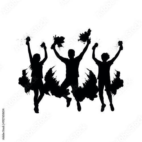 Silhouettes of people jumping with hands raised in celebration.