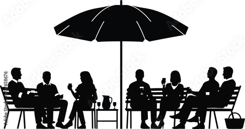 A black silhouette depicts people dining outdoors under a parasol perfect for design work on transparent background silhouette high quality professional