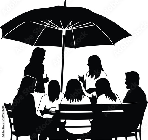 A black silhouette depicts people dining outdoors under an open umbrella on transparent background high quality professional detailed modern elegant stylish