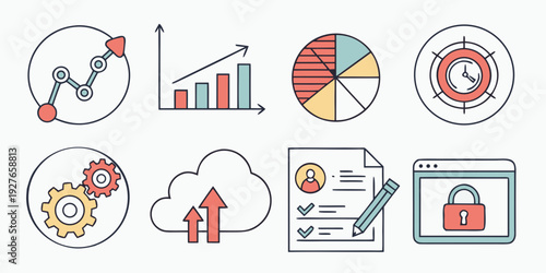 Icons representing various aspects of business and technology Vector