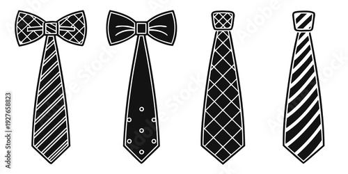 Four distinct neckties with unique patterns and styles displayed in a row. Vector