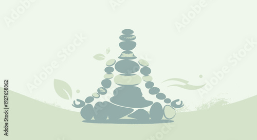 Zen meditation rocks arranged in a human silhouette, symbolizing balance and tranquility in nature