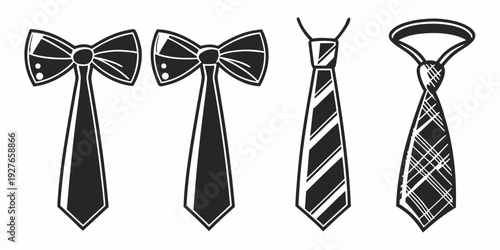Four distinct black and white neckties displayed in a row. Vector