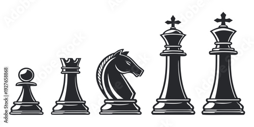 Chess pieces arranged in a row with a black king and queen facing a white king and queen Vector