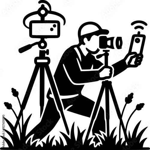 Photographer in action operating a camera on a tripod capturing professional photos or video in a studio setting