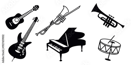 Variety of musical instruments including a guitar, trumpet, trombone, piano, and violin Vector