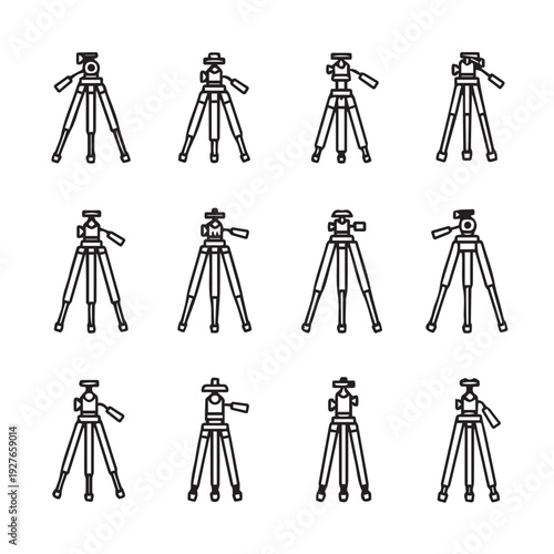 Collection of Camera Tripod Icons Different Designs Line Art Isolated on White