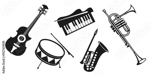A diverse collection of musical instruments including a guitar, piano, drum, and trumpet. Vector