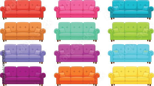 Cartoon sofa illustration set featuring twelve colorful designs in grid arrangement, decorative furniture artwork for interior design, home decor, and creative comparison themes