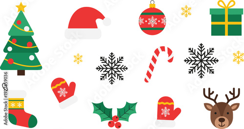 Christmas icon illustration featuring decorated tree, Santa hat, ornament, gift box, snowflakes, candy cane, stocking, mittens, holly, and reindeer face for festive seasonal themes